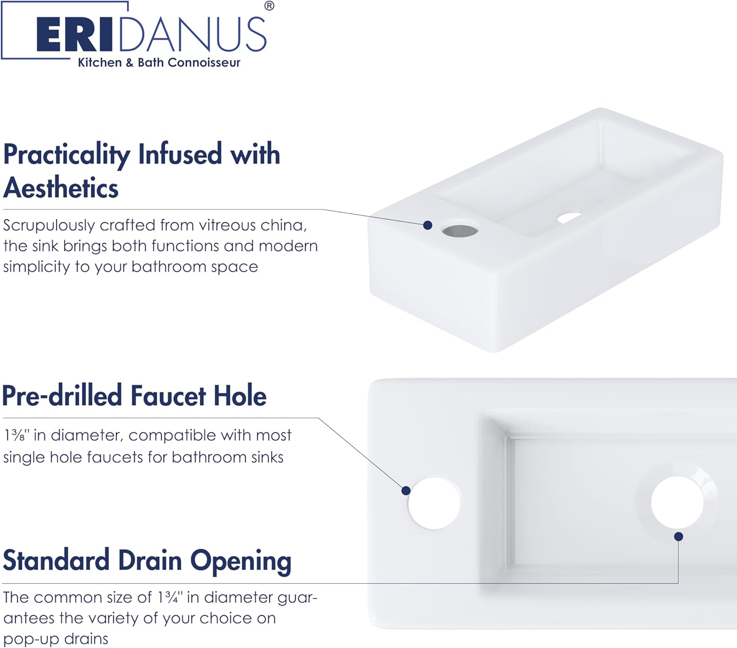 Eridanus Rectangular Ceramic Bathroom Sink - White