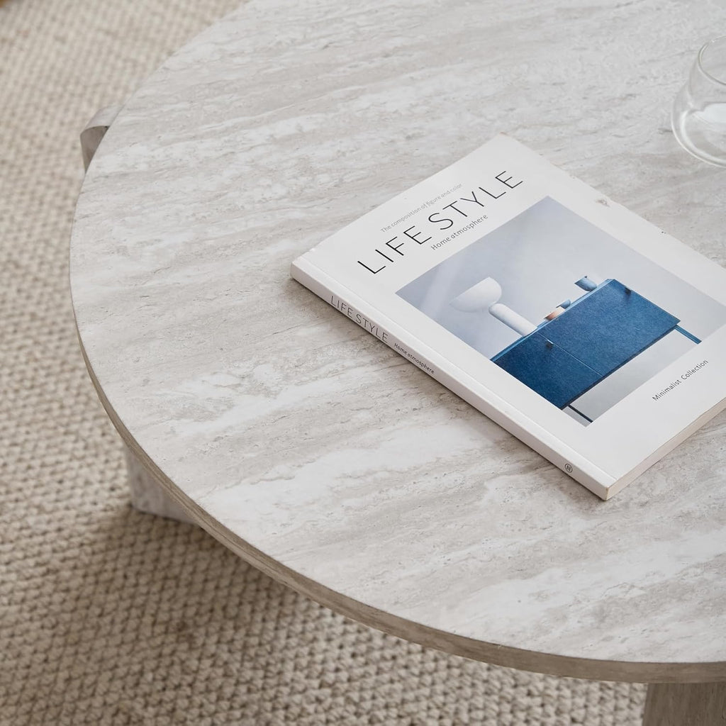 JZGORC Set of 2 White Imitation Travertine Coffee Tables - 70cm and 50cm