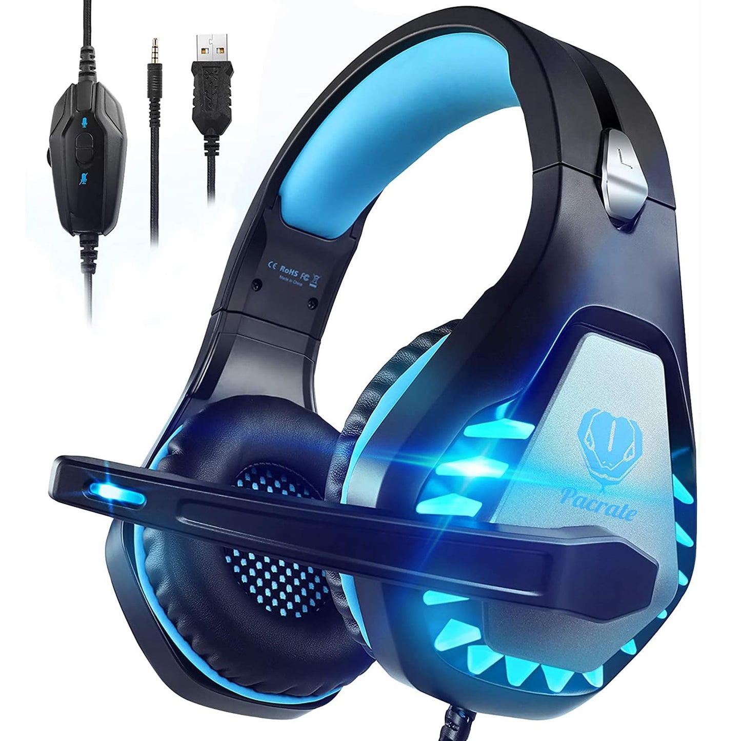 Pacrate Gaming Headset with Microphone for Switch PC PS4 PS5 Xbox One Noise Cancelling Gaming Headphones with LED Lights for Kids Adults Black Green