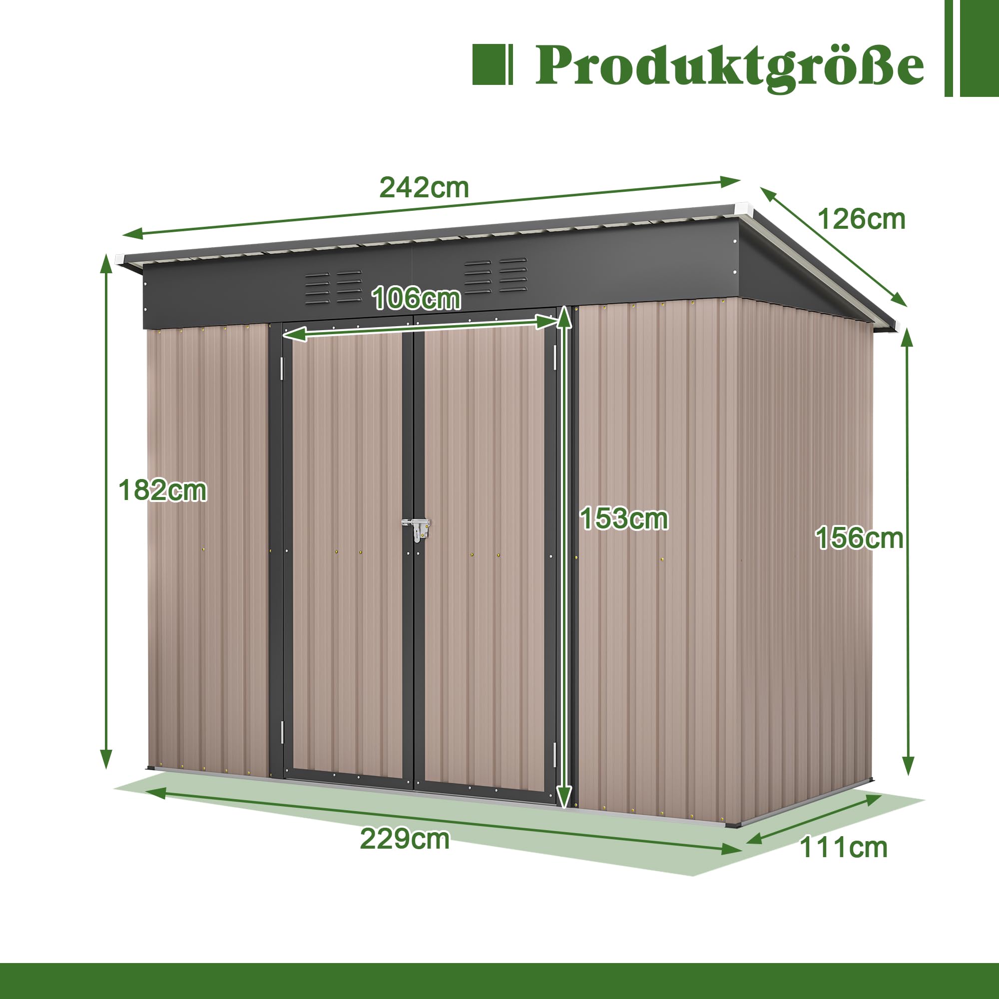 Metal Garden Shed with Sloped Roof and Tool Storage Cabinet