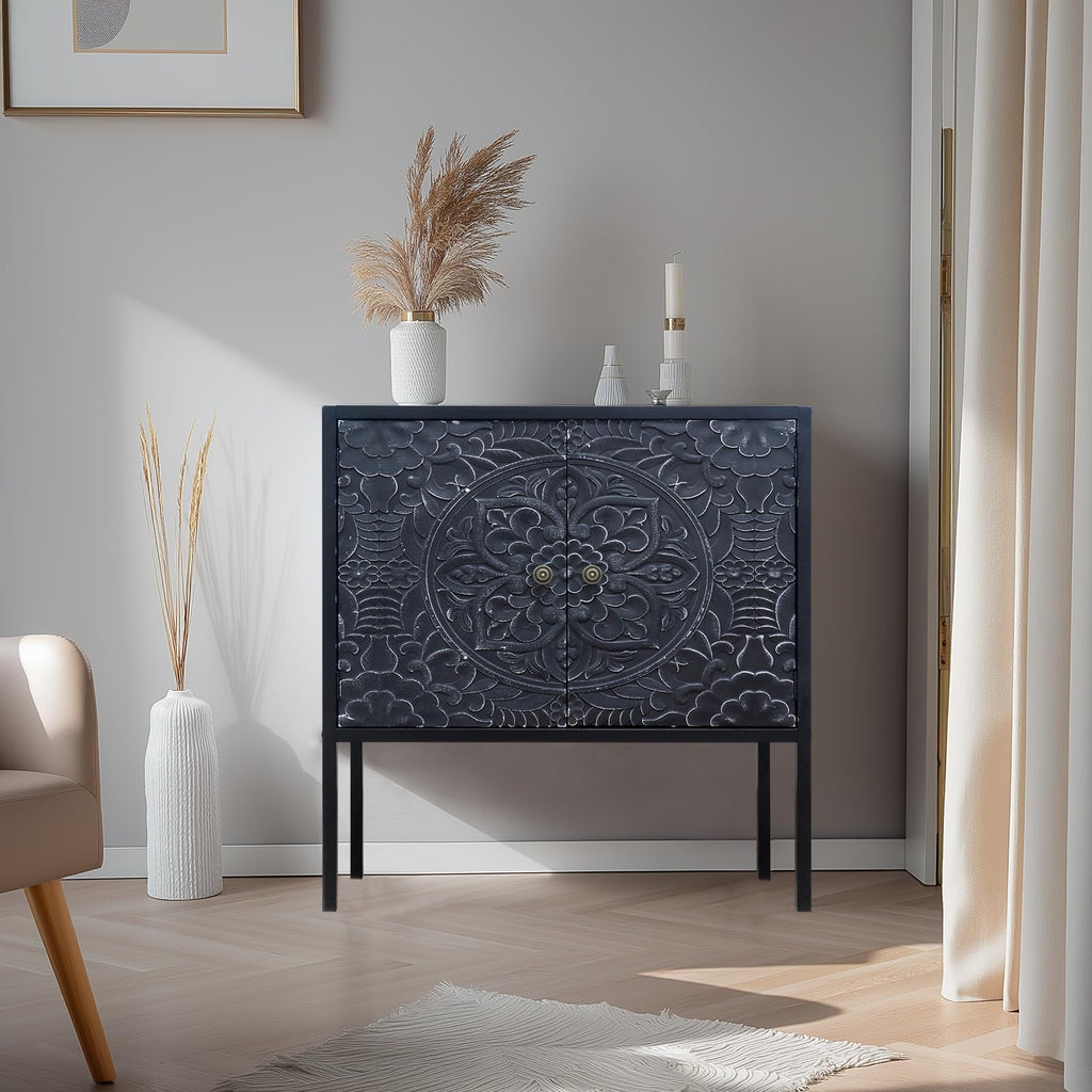 Growsun Vintage Carved Storage Cabinet - Handcrafted Wood Accent Cabinet