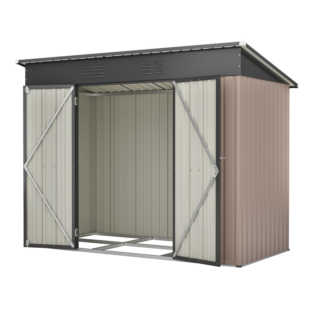 Metal garden shed with sloped roof and tool storage cabinet for outdoor equipment organization