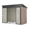 Metal garden shed with sloped roof and tool storage cabinet for outdoor equipment organization