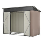 Metal garden shed with sloped roof and tool storage cabinet for outdoor equipment organization