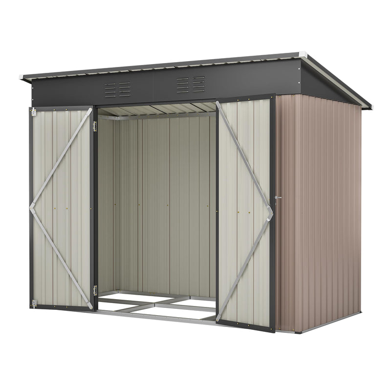 Metal garden shed with sloped roof and tool storage cabinet for outdoor equipment organization