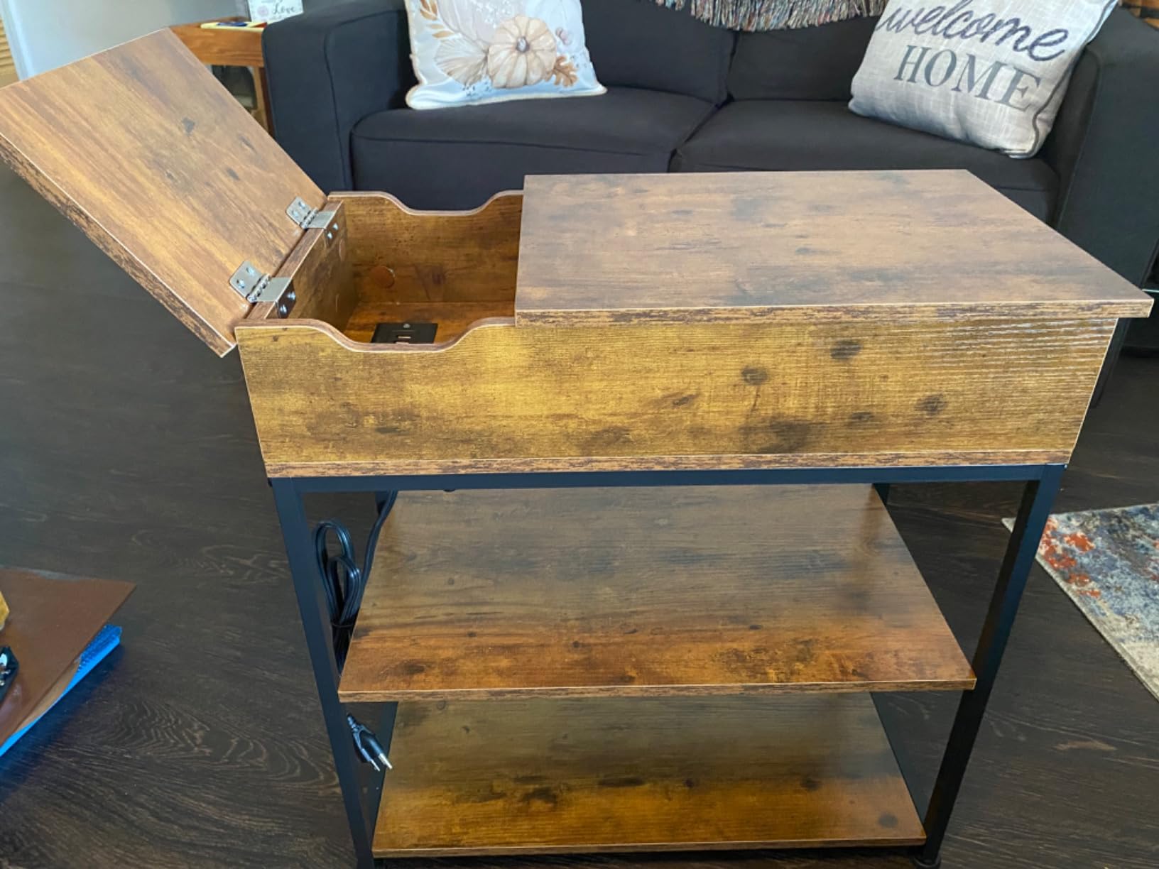WLIVE Rustic Brown Small Storage Side Table with Charging Station