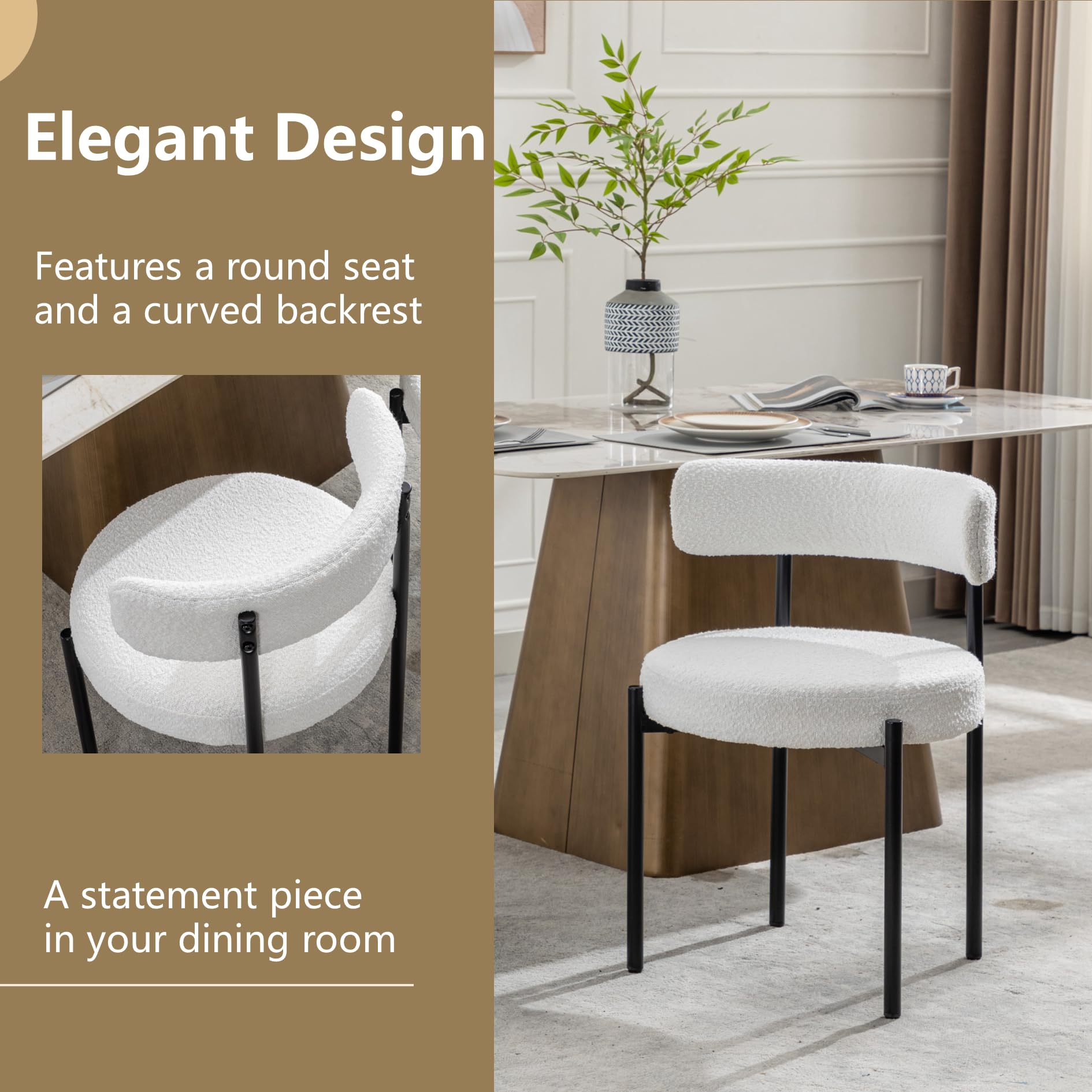 Forsalund Boucle Dining Chairs Set of 4, White Upholstered Mid-Century Modern