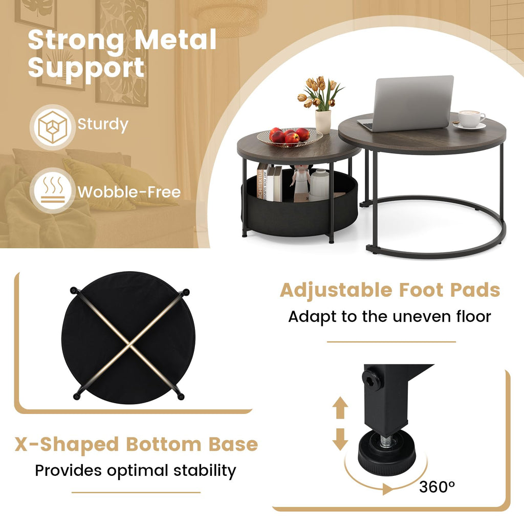 COSTWAY Round Nesting Coffee Tables Set with Storage Basket