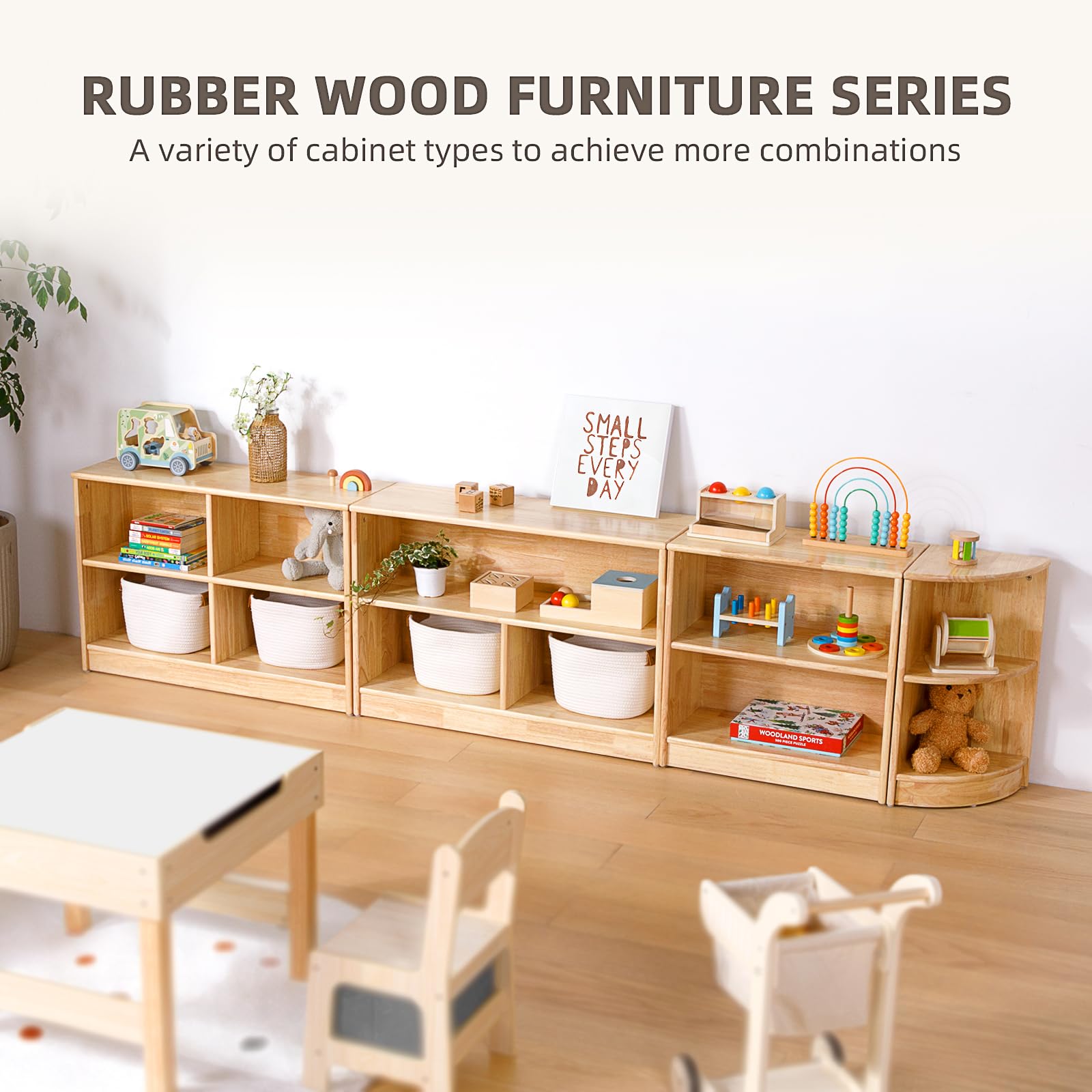OOOK Montessori Shelf for Kids, 5-Compartment Rubber Wood Storage