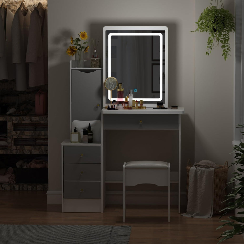 FAMAPY Vanity Desk with Lighted Mirror and Stool, White and Grey
