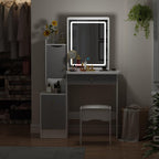 FAMAPY Vanity Desk with Lighted Mirror and Stool, White and Grey