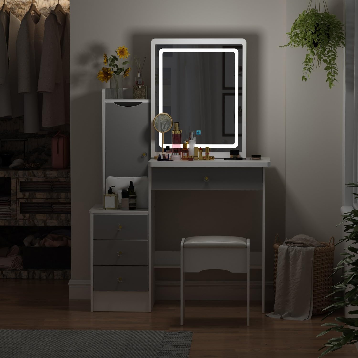FAMAPY Vanity Desk with Lighted Mirror and Stool, White and Grey