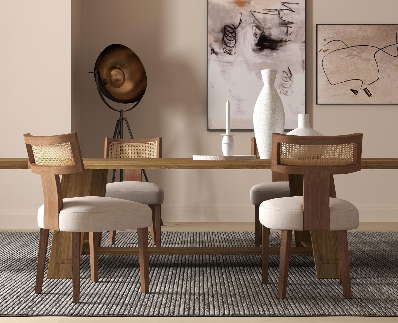 chairus Set of 2 Wooden Upholstered Dining Chairs with Rattan Backrest