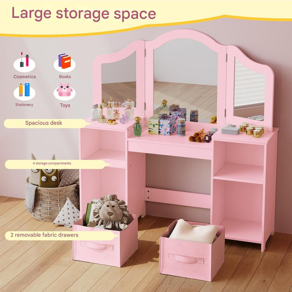 Clevich Kids Vanity Table and Chair Set with Storage