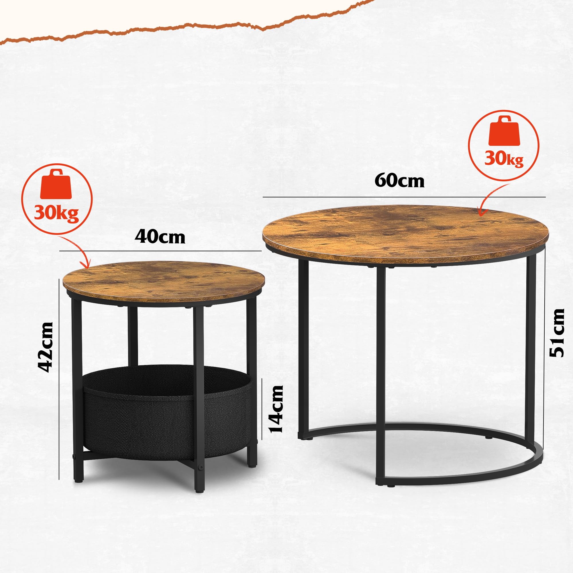 WLIVE Set of 2 Round Coffee Tables with Storage