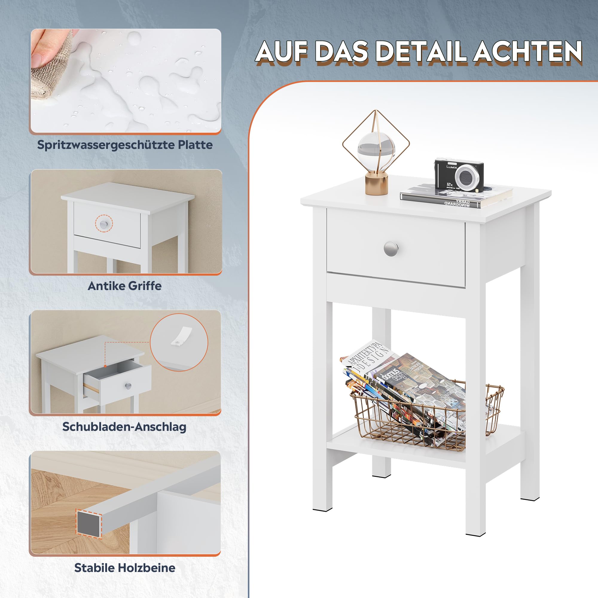 WLIVE Modern Wooden Bedside Table with Drawer and Shelf