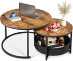 WLIVE Round Side Table Set with Storage Baskets, Brown