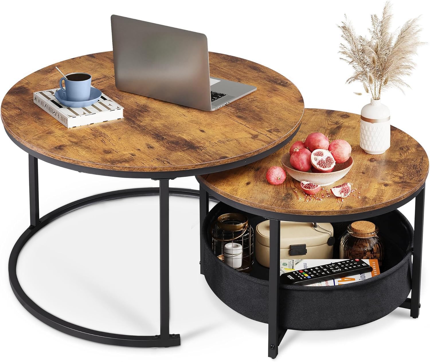WLIVE Round Side Table Set with Storage Baskets, Brown