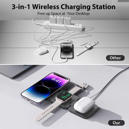 3-in-1 Wireless Charger – Fast Magnetic Charging for iPhone, Apple Watch, & AirPods | Foldable & Portable Dock