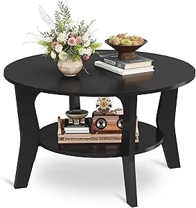 WLIVE Round Coffee Table with Storage Shelf - Black