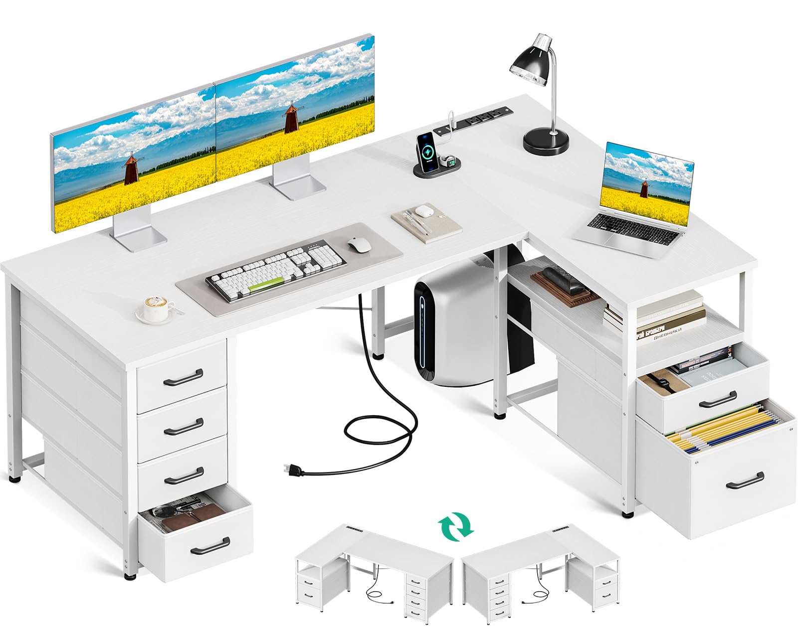 Coleshome L-shaped computer desk with 6 drawers, power outlets, and a reversible storage shelf in white