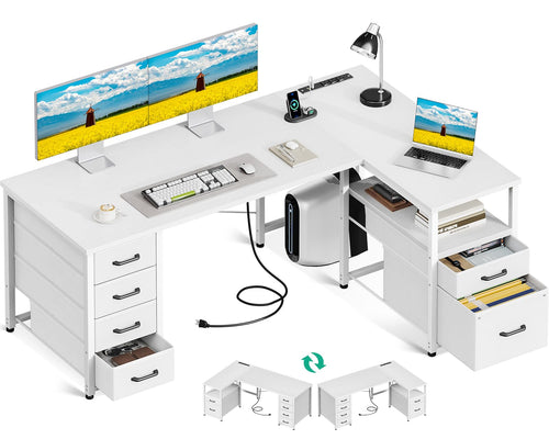 Coleshome L-shaped computer desk with 6 drawers, power outlets, and a reversible storage shelf in white