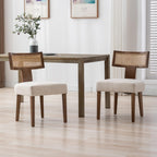 Set of 2 beige upholstered dining chairs with wooden frame and rattan backrest