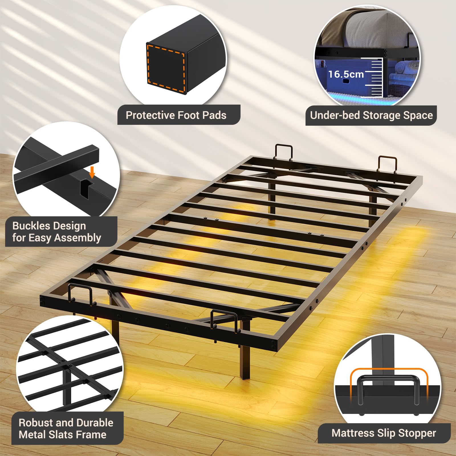 DICTAC Modern Metal Bed Frame with LED Lighting