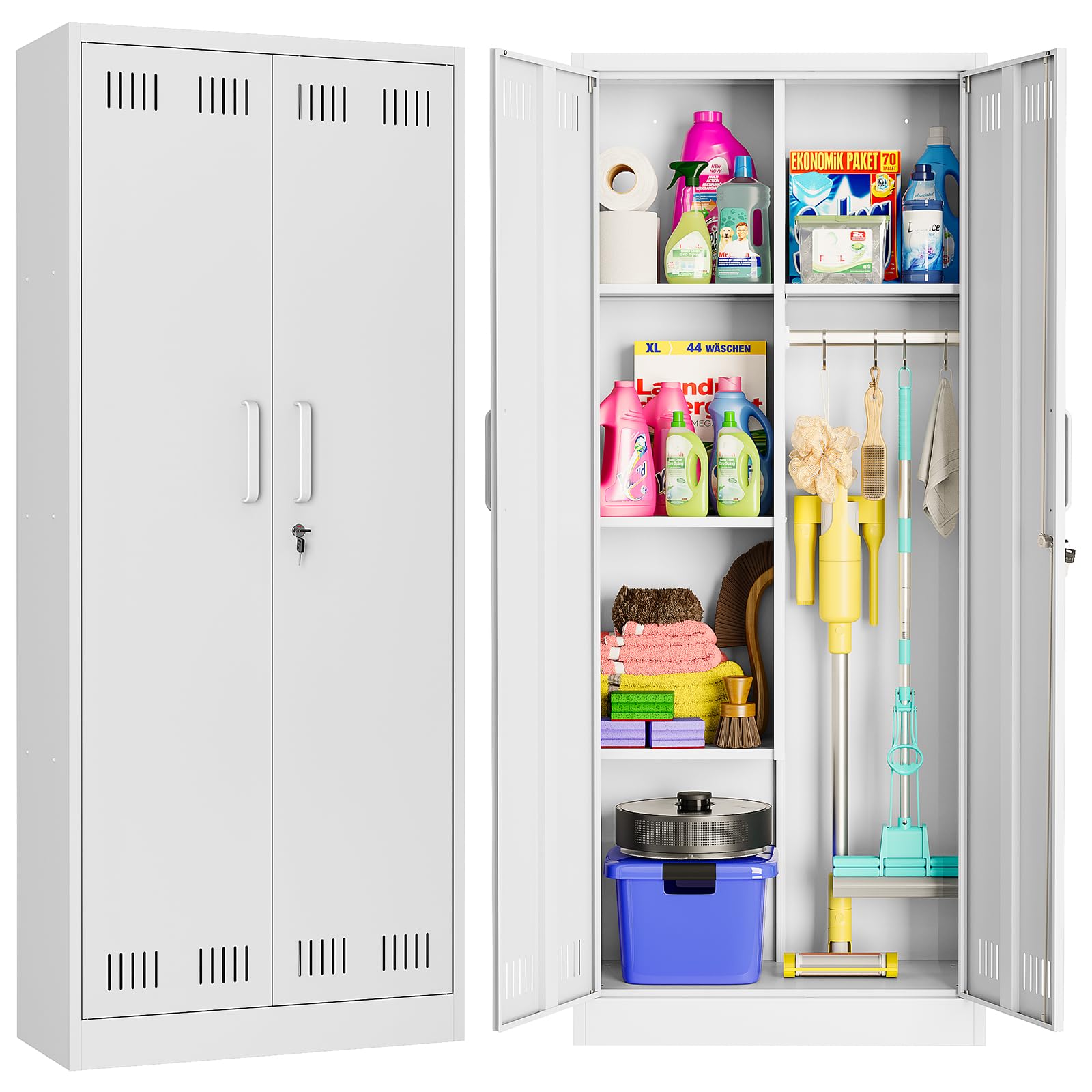 Sightlife white metal storage cabinet with double doors for brooms and mops