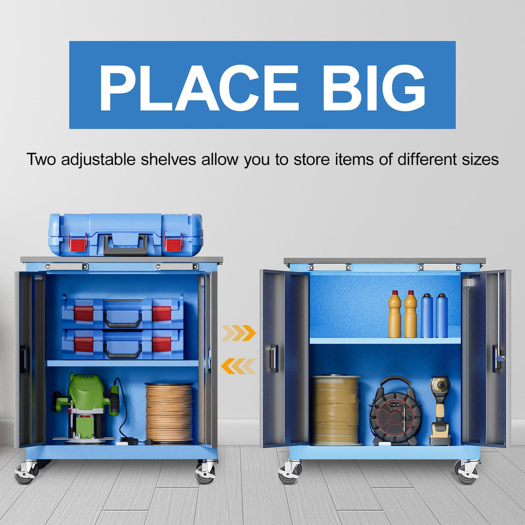 LARBANKE Lockable Steel Tool Cabinet with Wheels and Adjustable Shelves