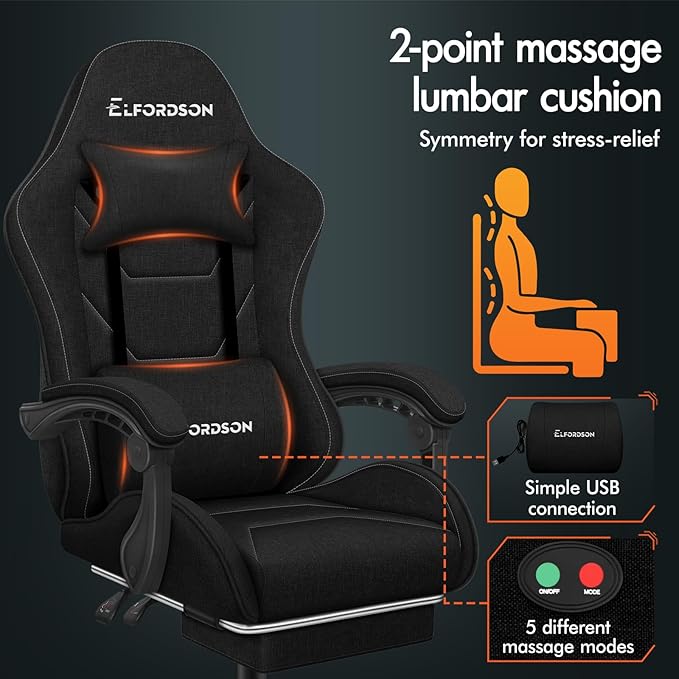 Elfordson Gaming Chair - Black Fabric