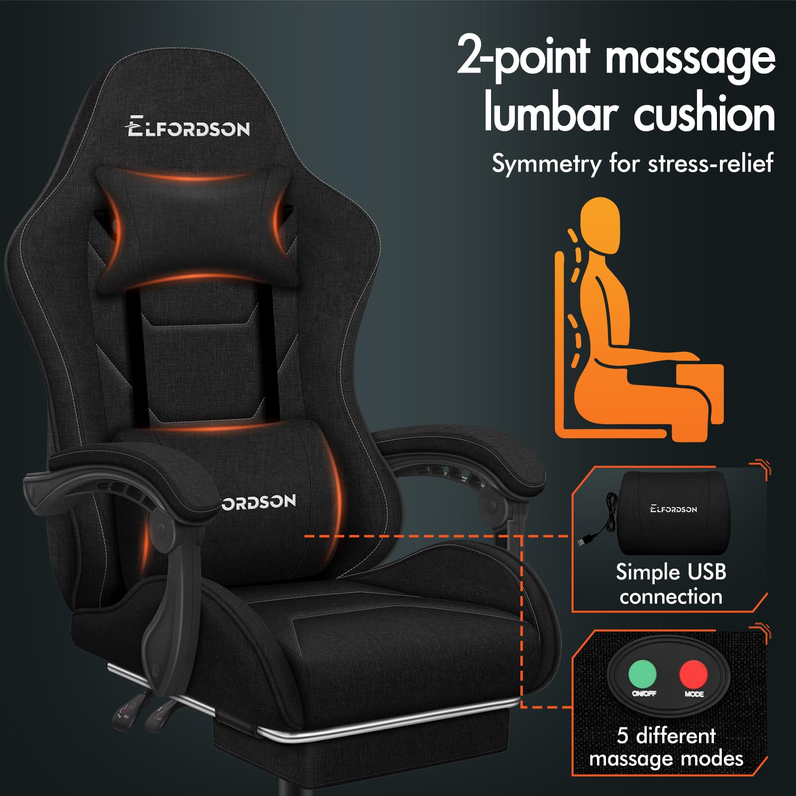 ELFORDSON High Back Gaming Chair with Massage Lumbar Cushion