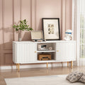 Mid Century Modern White TV Stand with fluted panel doors and gold handles