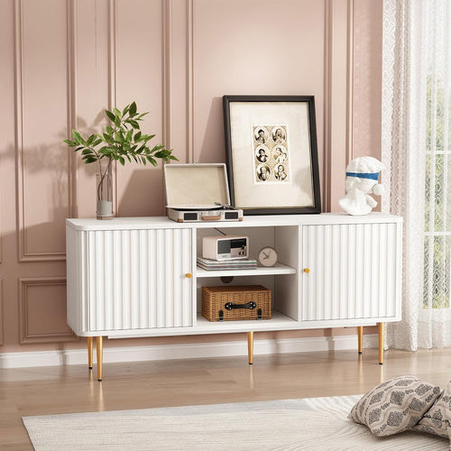 Mid Century Modern White TV Stand with fluted panel doors and gold handles