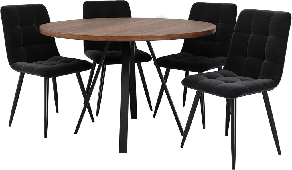 ZKLOEP Round Dining Table - Walnut and Black Metal Legs