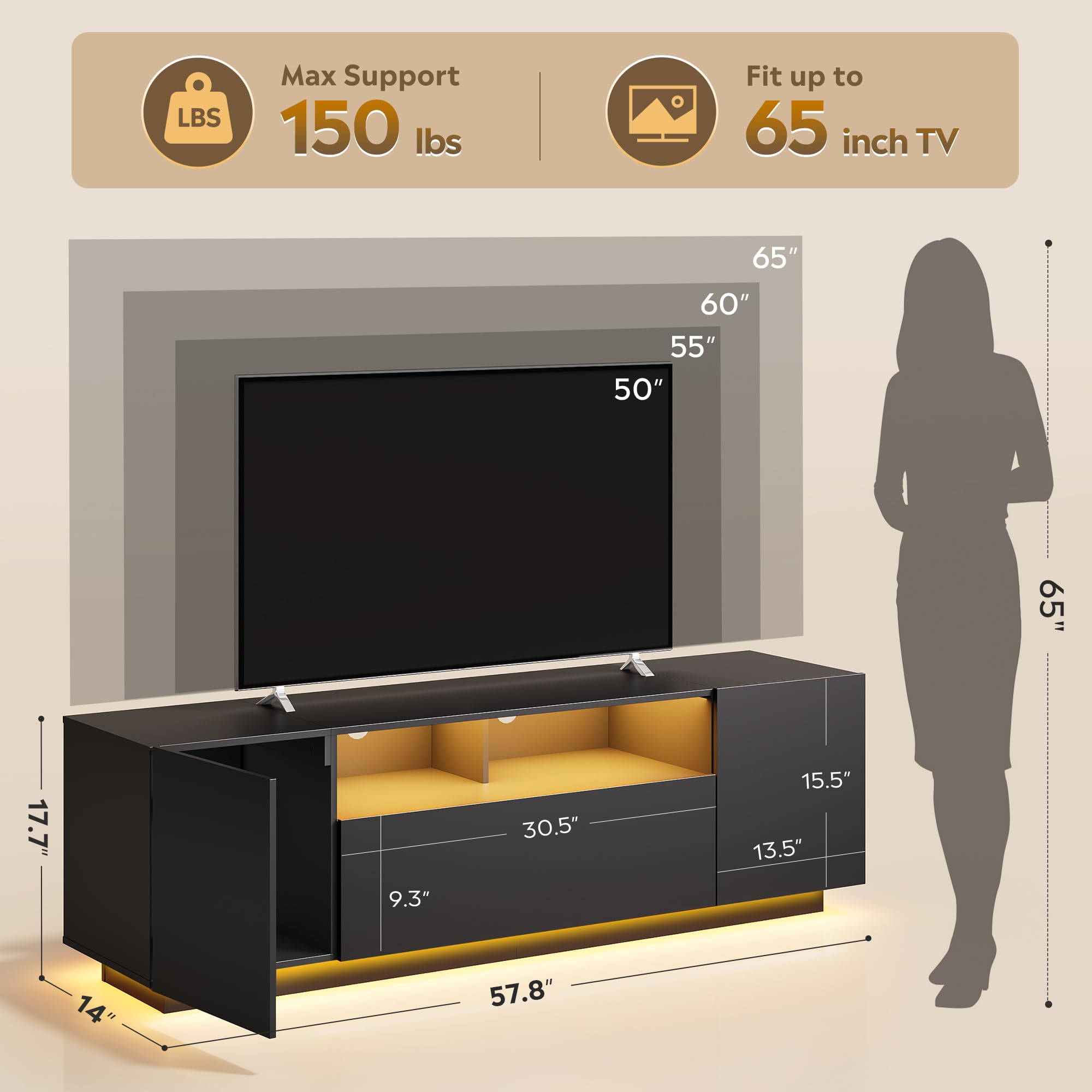 WLIVE Modern Entertainment Center TV Stand with RGB Lights
