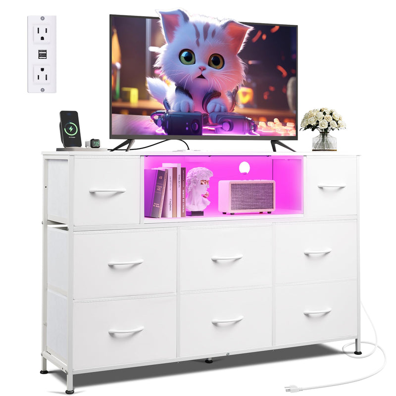 WLIVE White Dresser TV Stand with LED lights, charging station, and ample storage