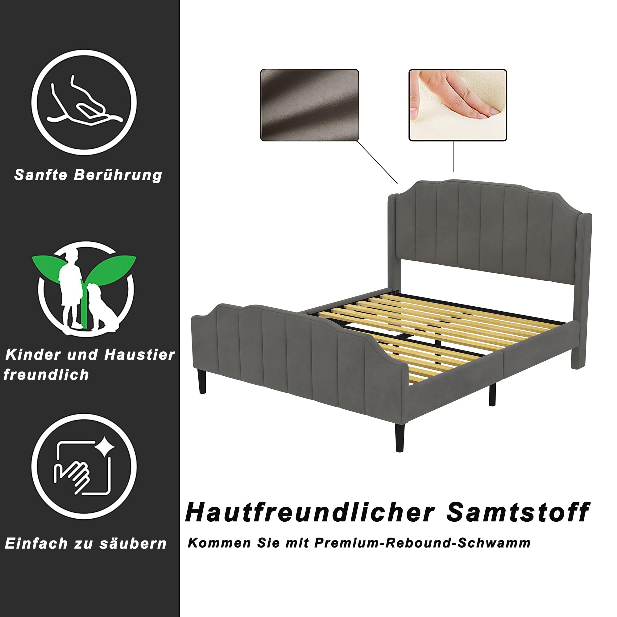 Dalred Grey Upholstered Bed Frame with Velvet Padding