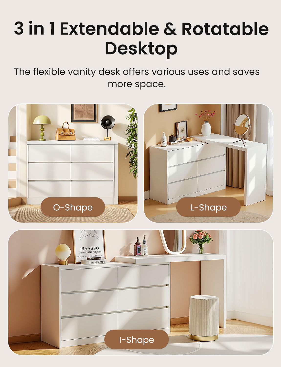 Feetice 6 Drawer L-Shaped Vanity Desk Combo
