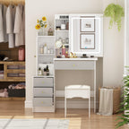 FAMAPY Vanity Desk with Lighted Mirror and Stool, White and Grey