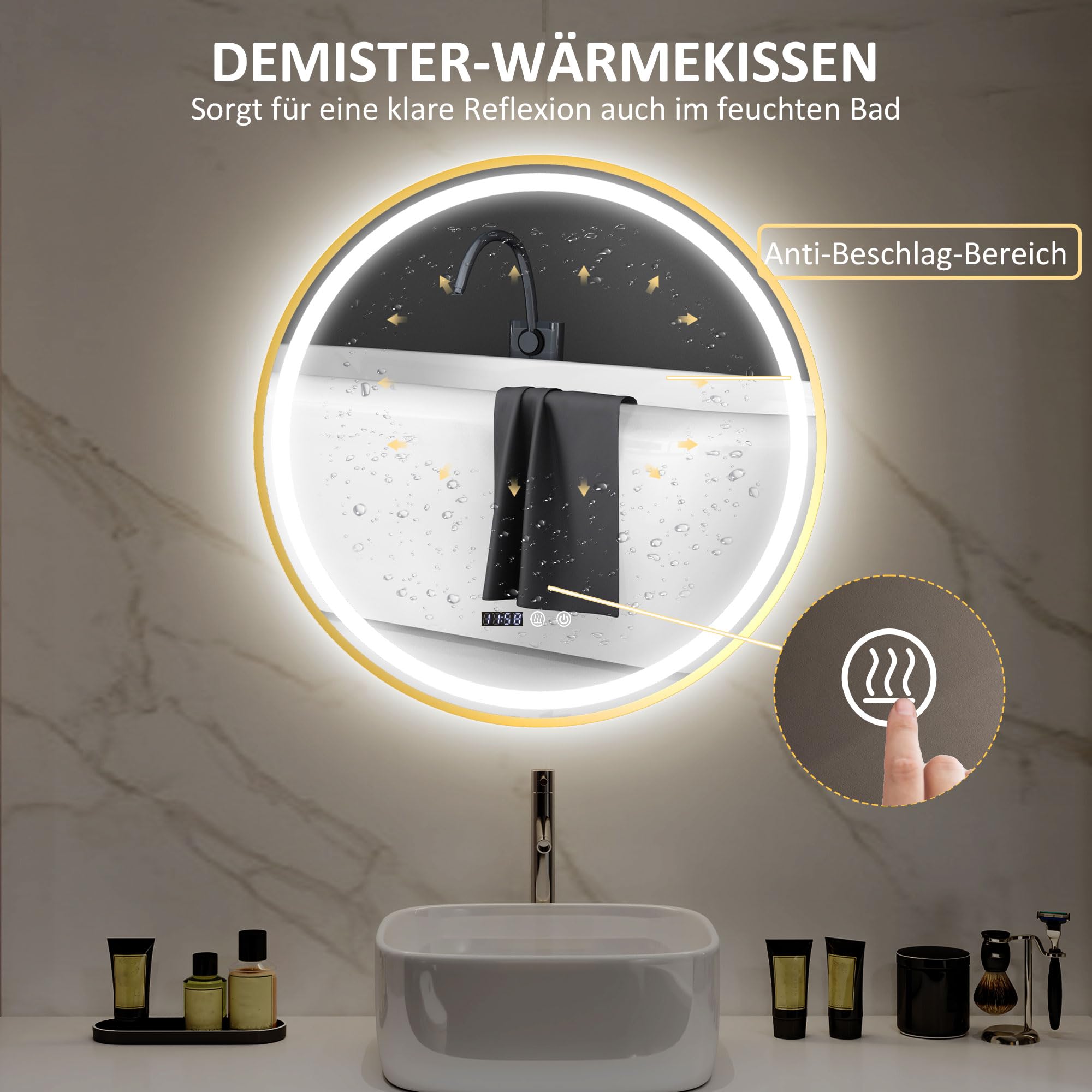HOMCOM 60 cm Round LED Bathroom Mirror with Touch Switch and Anti-Fog