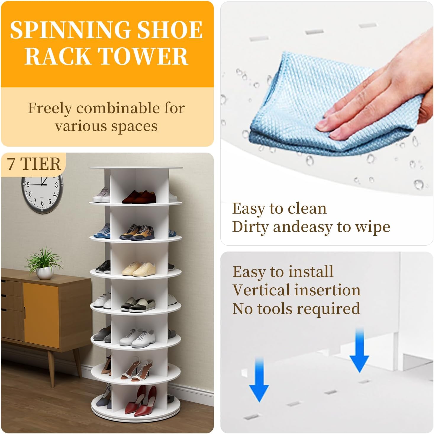 PTUWODS 7 Tier Rotating Shoe Cabinet - White PVC
