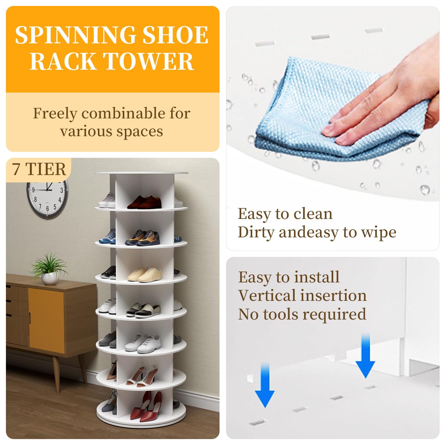 PTUWODS 7 Tier Rotating Shoe Cabinet in White