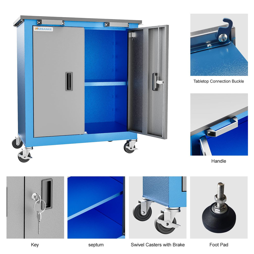 LARBANKE Lockable Steel Tool Cabinet with Wheels and Adjustable Shelves