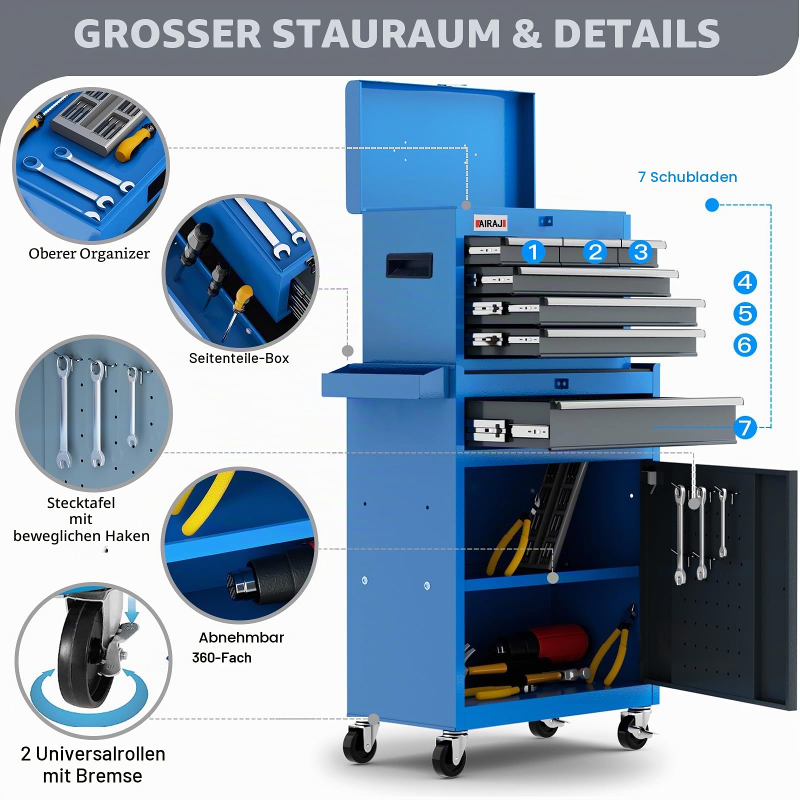 AIRAJ 7-Drawer Workshop Trolley with Removable Storage