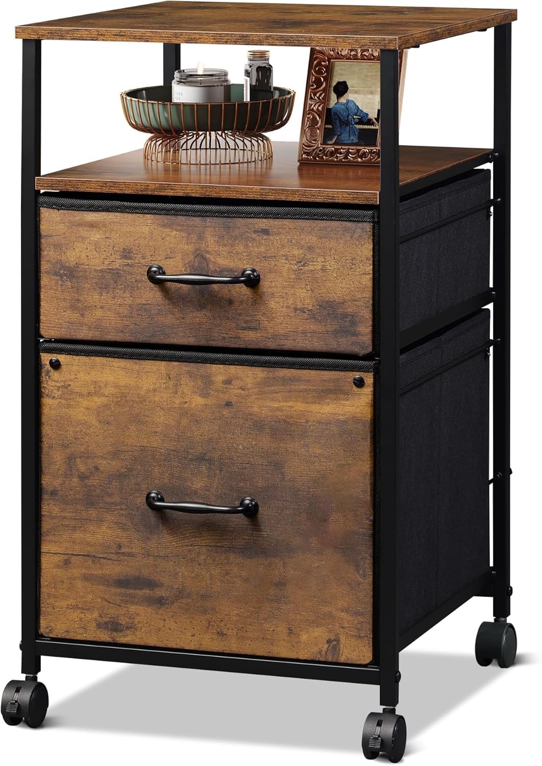 Vintage brown DEVAISE rolling container with 2 fabric-covered drawers and open compartment