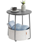 Modern round side table with fabric basket in cement grey and cloud white from VASAGLE