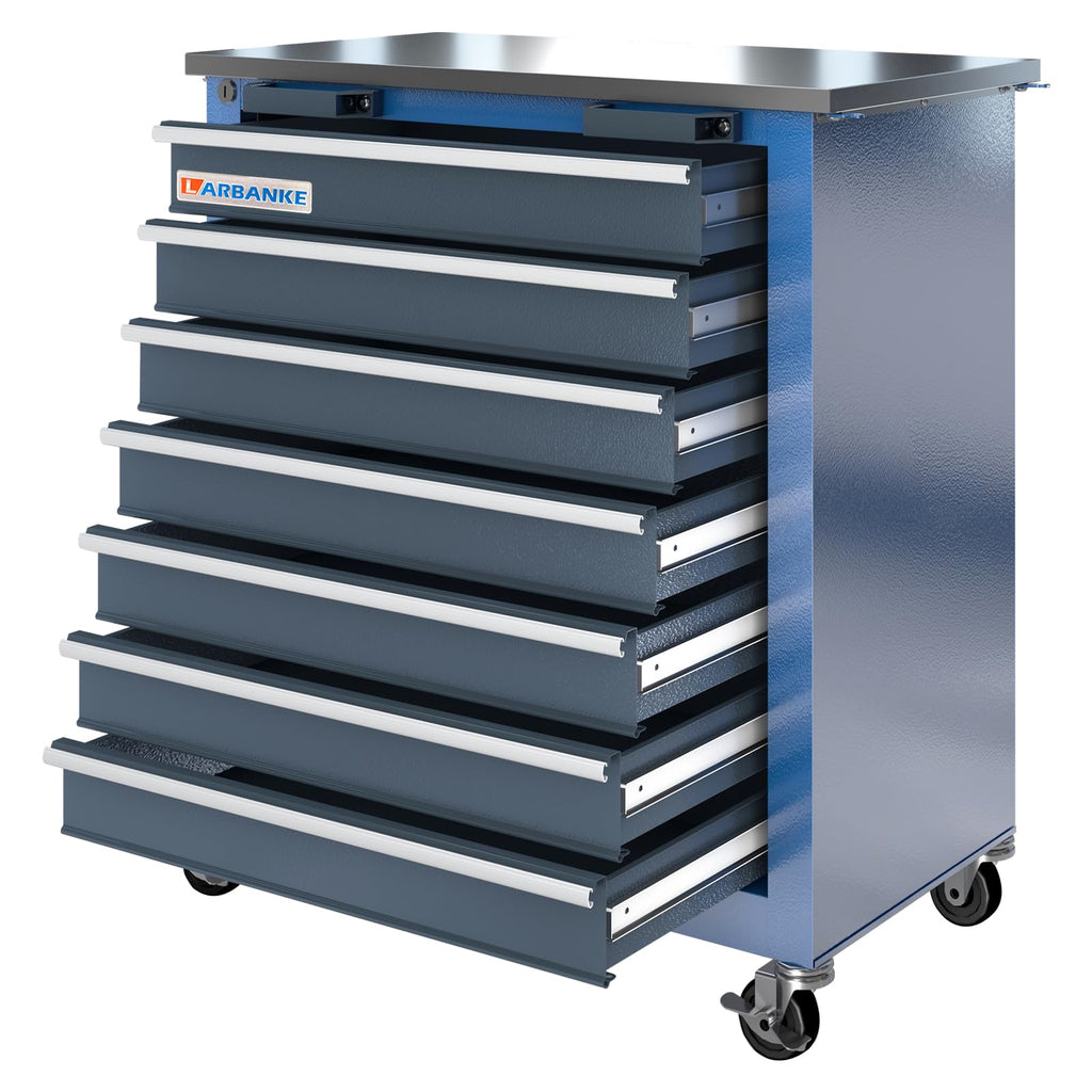 LARBANKE 7-drawer tool cabinet with stainless steel workbench and 360° wheels