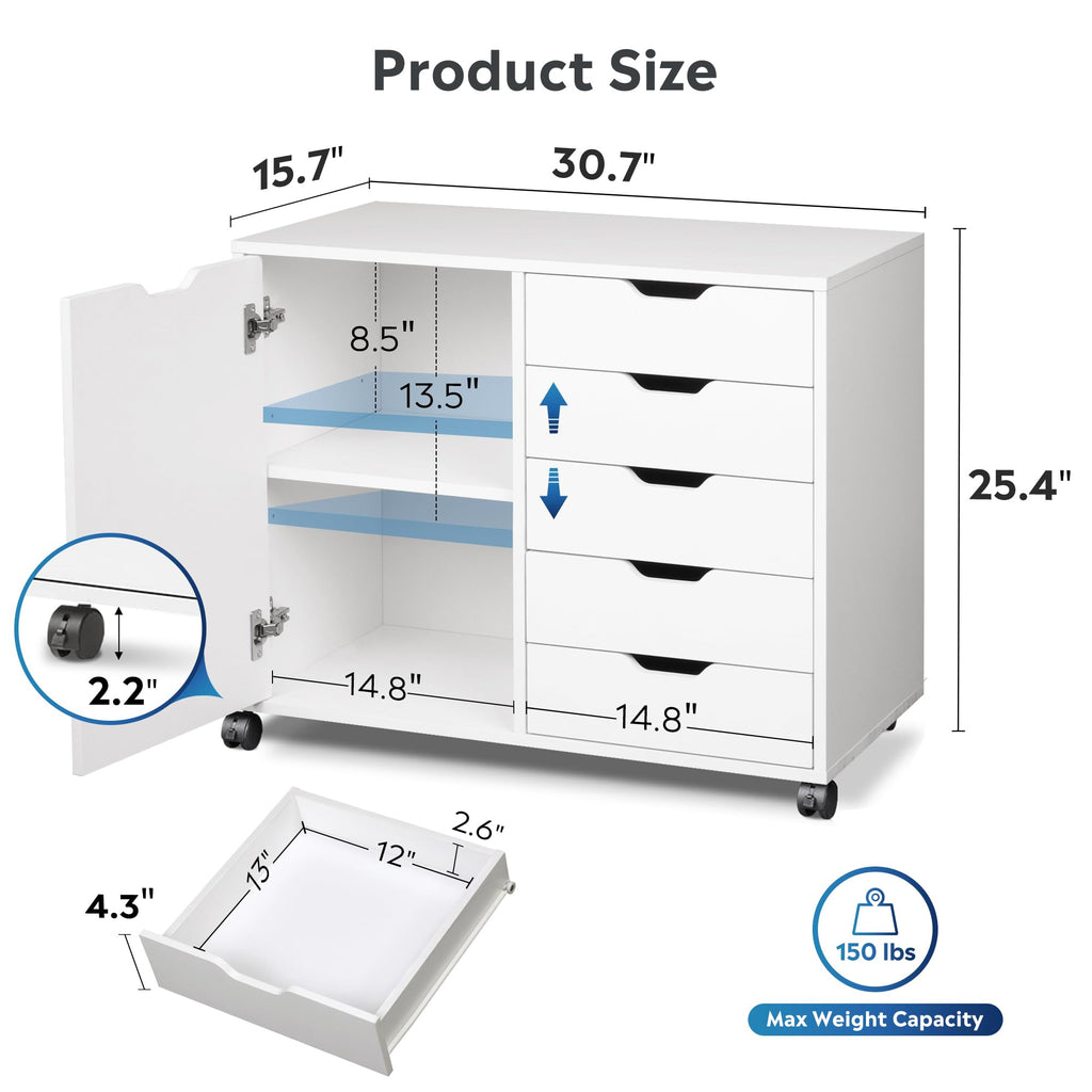 DEVAISE 5-Drawer Wood Cabinet with Adjustable Shelf and Wheels