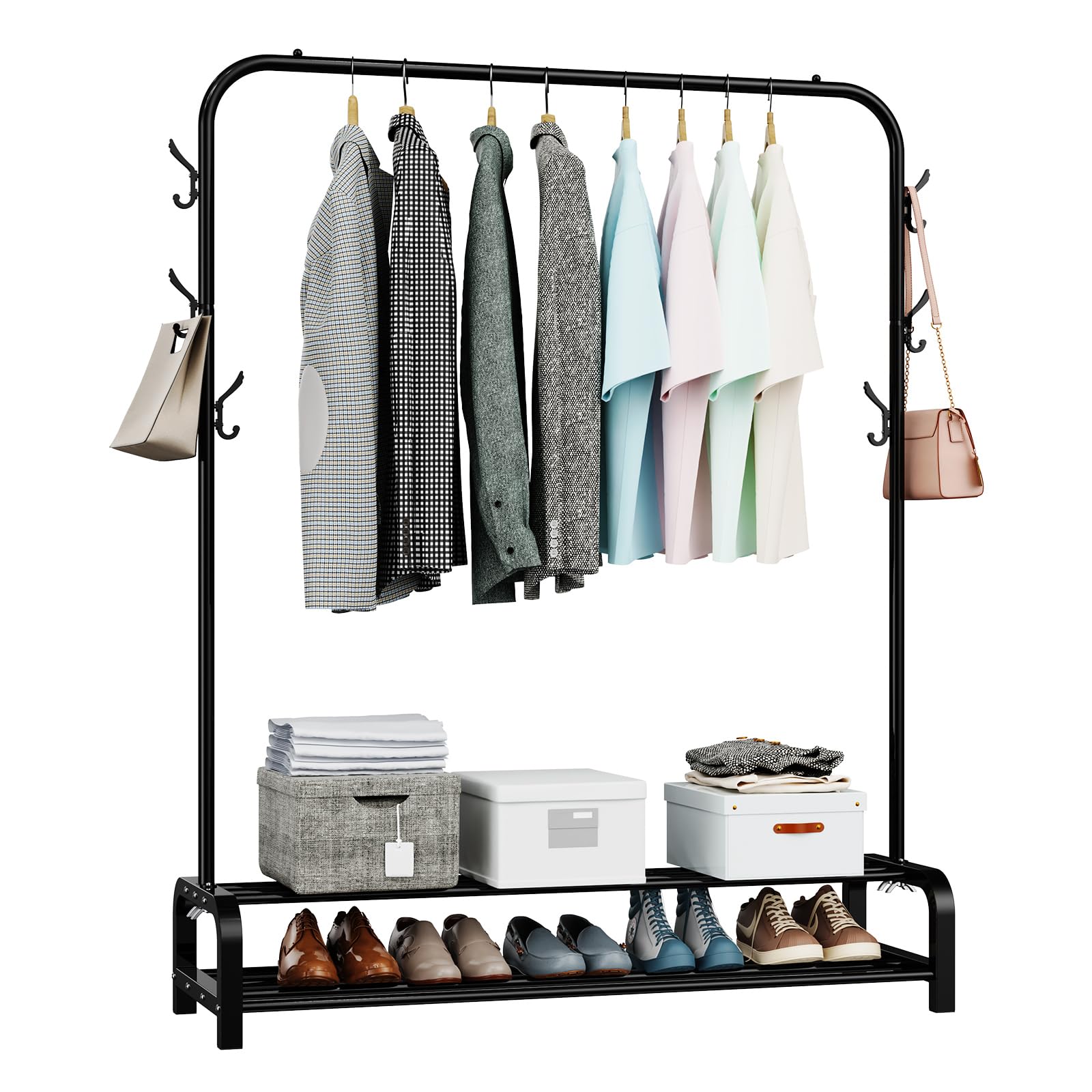 LOEFME Heavy Duty Clothes Rail with Shoe Storage - Black Metal